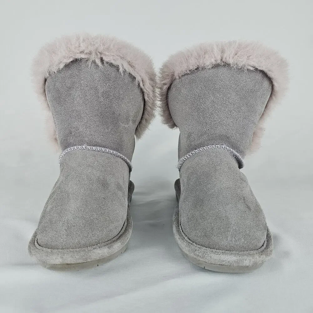 Bearpaw Betsey Girls Youth Size 11 Grey Suede Faux Fur Trim Winter Ankle Boots